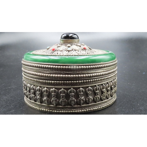 1837 - Tibetan Jade Lined Silver Alloy Desk Box Attractively Detailed Cabochon Polished Oval Gem Stone to C... 