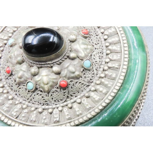 1837 - Tibetan Jade Lined Silver Alloy Desk Box Attractively Detailed Cabochon Polished Oval Gem Stone to C... 