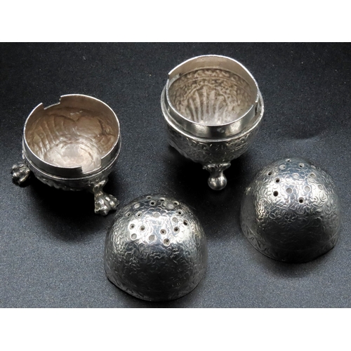 1844 - Pair of Egg Form Silver Table Salts 5.5cm High and 4cm High Shaped Paw Supports