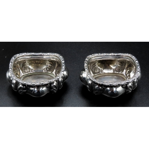 1845 - Pair of Silver Table Cruets Repousse Formed Decoration Each 8cm Wide x 6cm Deep x 3cm High