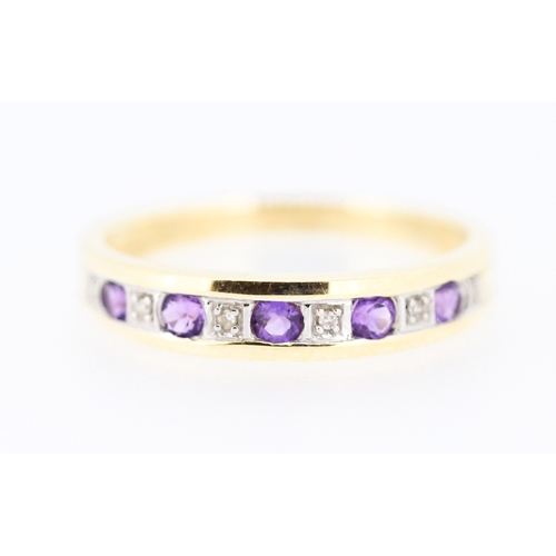 185 - Amethyst and Diamond Set Half Eternity Ring Mounted in 9 Carat Yellow Gold Ring Size P