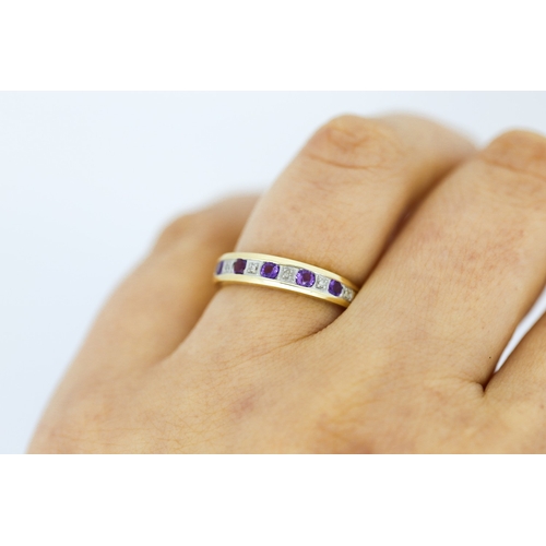 185 - Amethyst and Diamond Set Half Eternity Ring Mounted in 9 Carat Yellow Gold Ring Size P