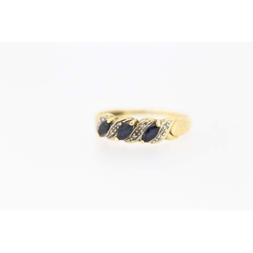 186 - Marquise Cut Sapphire Three Stone Ring with Diamond Insets Mounted in 9 Carat Yellow Gold Ring Size ... 