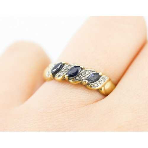 186 - Marquise Cut Sapphire Three Stone Ring with Diamond Insets Mounted in 9 Carat Yellow Gold Ring Size ... 