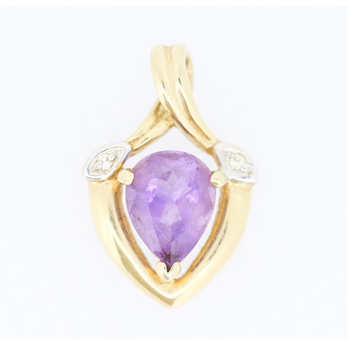 187 - Attractively Detailed Pear Cut Amethyst and Diamond Set Pendant Mounted in 9 Carat Yellow Gold 2cm H... 