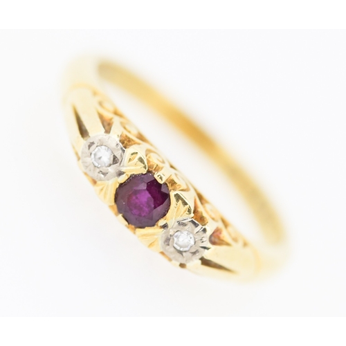 195 - Ruby and Diamond Set Three Stone Ring Mounted in 18 Carat Yellow Gold Ring Size M