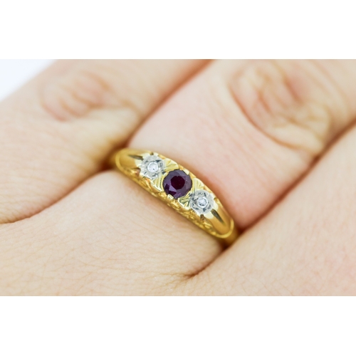 195 - Ruby and Diamond Set Three Stone Ring Mounted in 18 Carat Yellow Gold Ring Size M