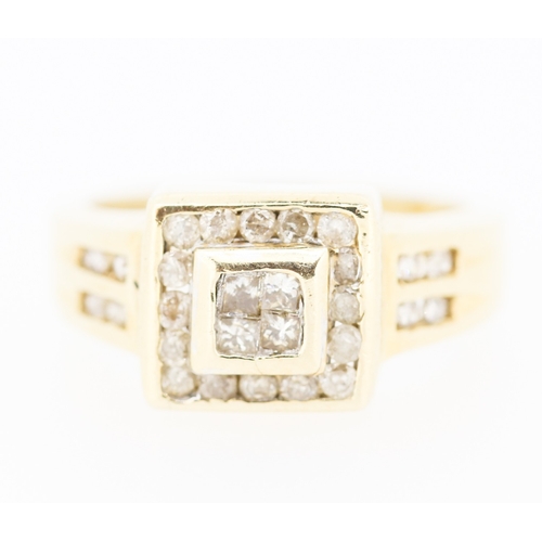 200 - Square Halo Set Diamond Ring Mounted on 10 Carat Yellow Gold Band Size M and a Half