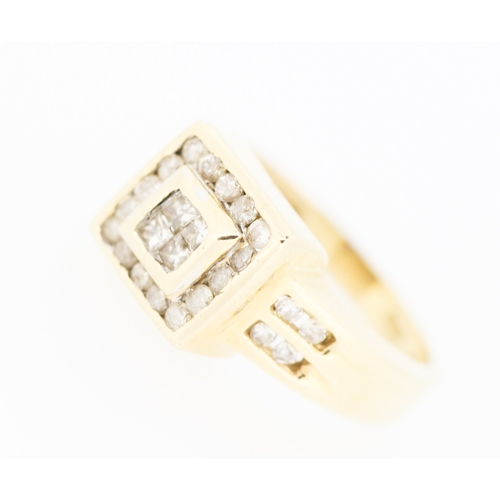 200 - Square Halo Set Diamond Ring Mounted on 10 Carat Yellow Gold Band Size M and a Half