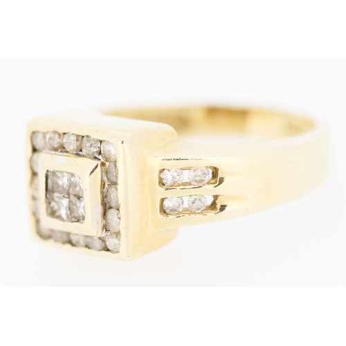 200 - Square Halo Set Diamond Ring Mounted on 10 Carat Yellow Gold Band Size M and a Half