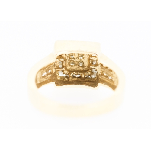 200 - Square Halo Set Diamond Ring Mounted on 10 Carat Yellow Gold Band Size M and a Half