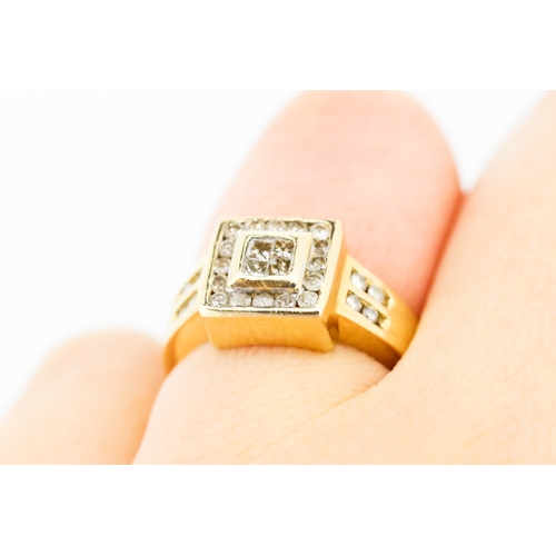 200 - Square Halo Set Diamond Ring Mounted on 10 Carat Yellow Gold Band Size M and a Half