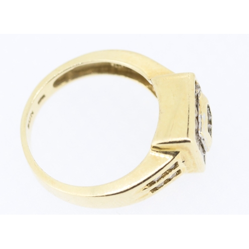 200 - Square Halo Set Diamond Ring Mounted on 10 Carat Yellow Gold Band Size M and a Half