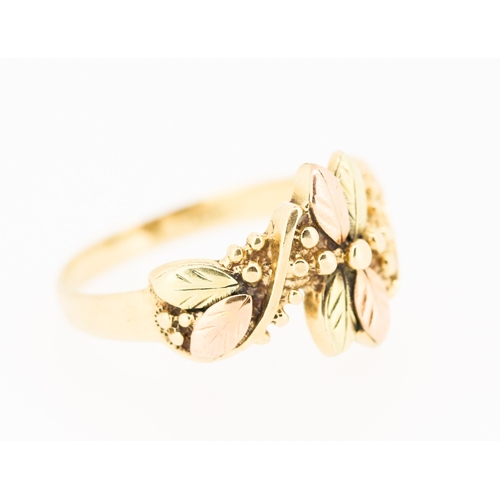 204 - Leaf and Acorn Motif 9 Carat Yellow and Rose Gold Floral Motif Ring Size W