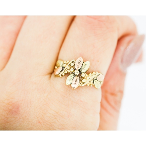 204 - Leaf and Acorn Motif 9 Carat Yellow and Rose Gold Floral Motif Ring Size W