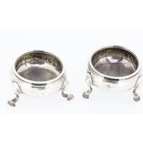 211 - Pair of Irish Georgian Silver Table Salts Incised Detailing 6cm Diameter 3.5cm High