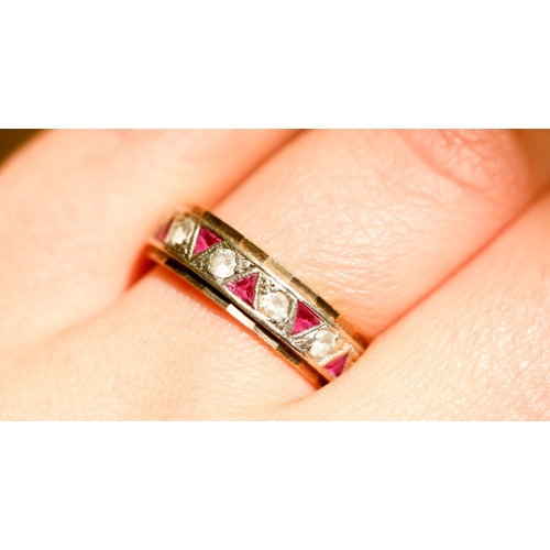 22 - Triangle Cut Ruby Set Eternity Ring Mounted in 9 Carat Yellow Gold Ring Size R