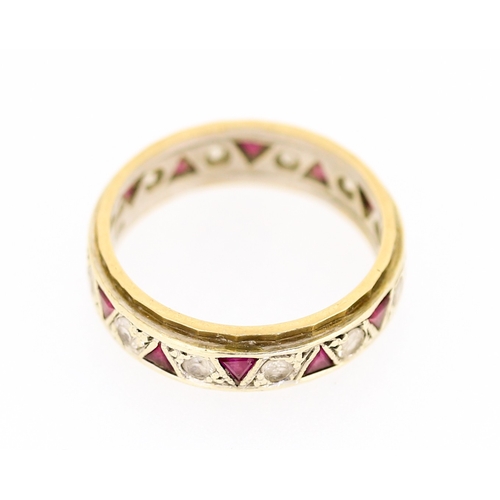 22 - Triangle Cut Ruby Set Eternity Ring Mounted in 9 Carat Yellow Gold Ring Size R