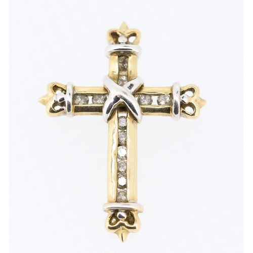 237 - Diamond Set Cross Pendant Mounted in 10 Carat Yellow and White Gold 2.5cm High