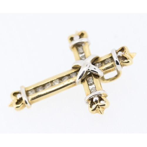 237 - Diamond Set Cross Pendant Mounted in 10 Carat Yellow and White Gold 2.5cm High