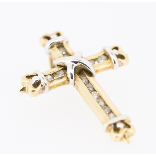 237 - Diamond Set Cross Pendant Mounted in 10 Carat Yellow and White Gold 2.5cm High