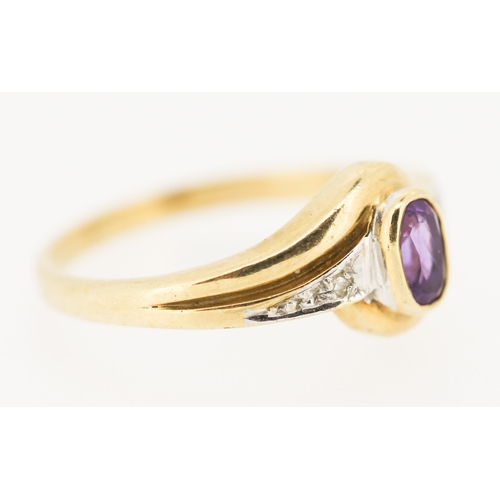 239 - Bezel Set Amethyst Swirl Motif Ring with Diamond Insets to Shoulders Mounted in 9 Carat Yellow Gold ... 