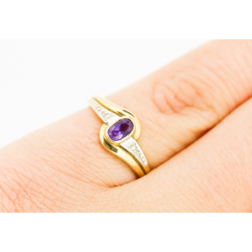 239 - Bezel Set Amethyst Swirl Motif Ring with Diamond Insets to Shoulders Mounted in 9 Carat Yellow Gold ... 