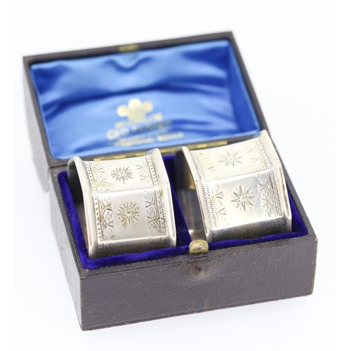 259 - Pair of Silver Napkin Rings Incised Star Motifs Contained within Original Presentation Case