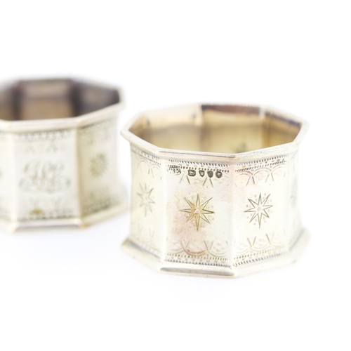 259 - Pair of Silver Napkin Rings Incised Star Motifs Contained within Original Presentation Case