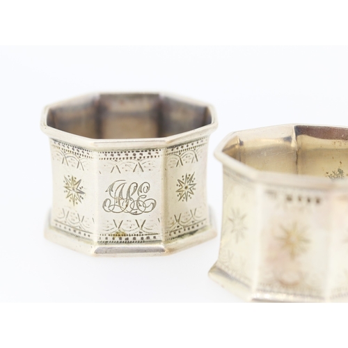 259 - Pair of Silver Napkin Rings Incised Star Motifs Contained within Original Presentation Case