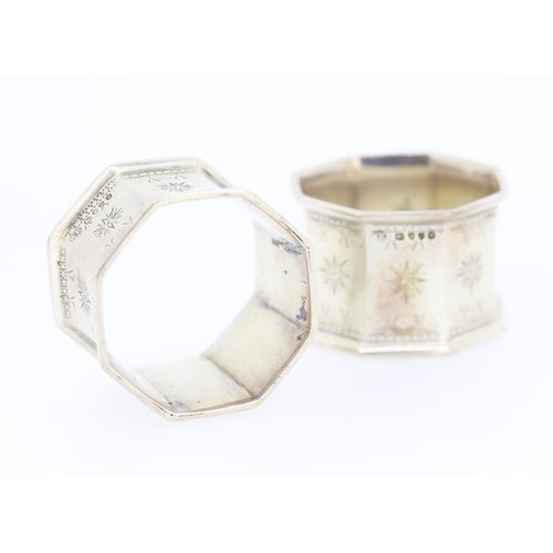 259 - Pair of Silver Napkin Rings Incised Star Motifs Contained within Original Presentation Case