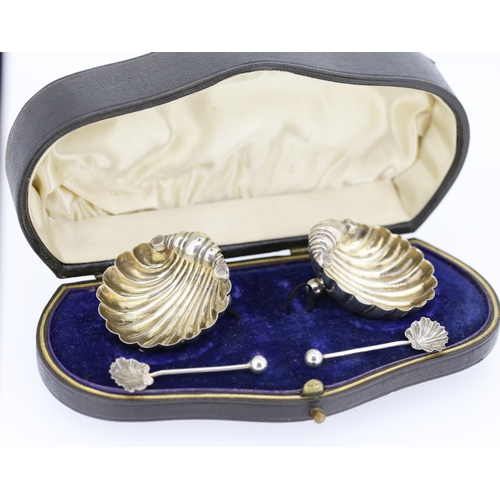 260 - Pair of Silver Scallop Shell Motif Table Salts with Matching Silver Salt Spoons Contained within Ori... 