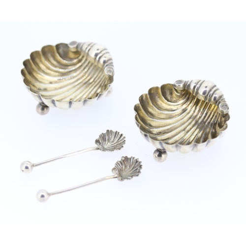 260 - Pair of Silver Scallop Shell Motif Table Salts with Matching Silver Salt Spoons Contained within Ori... 