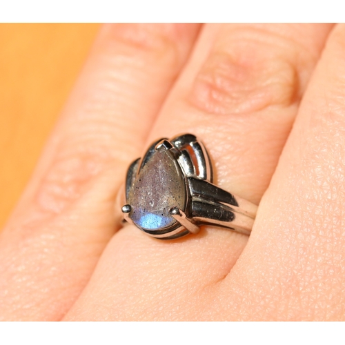 27 - Pear Cut Labradorite Set Single Stone Ring Mounted in 9 Carat White Gold Ring Size N