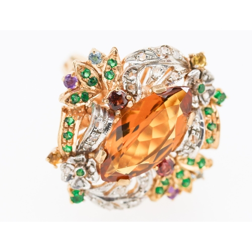 274 - Belle Epoch Champagne Citrine Diamond Ruby and Emerald Cluster Surround  Mounted on 14 Carat Rose Go... 