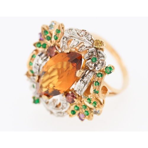 274 - Belle Epoch Champagne Citrine Diamond Ruby and Emerald Cluster Surround  Mounted on 14 Carat Rose Go... 