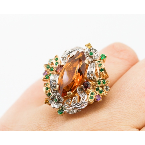 274 - Belle Epoch Champagne Citrine Diamond Ruby and Emerald Cluster Surround  Mounted on 14 Carat Rose Go... 