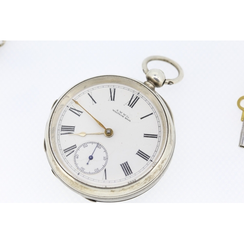 28 - Silver Cased A. W. W. Co Waltham Mass Pocket Watch with Silver T-Bar Albert Chain and Silver 1935 P ... 