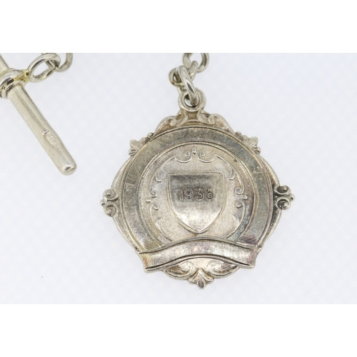 28 - Silver Cased A. W. W. Co Waltham Mass Pocket Watch with Silver T-Bar Albert Chain and Silver 1935 P ... 