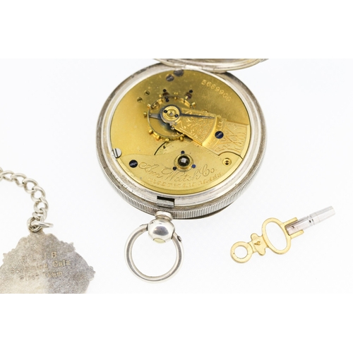 28 - Silver Cased A. W. W. Co Waltham Mass Pocket Watch with Silver T-Bar Albert Chain and Silver 1935 P ... 