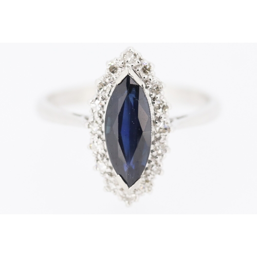 283 - Marquise Cut Sapphire Centre Stone Ring with Diamond Set Surround Set in Platinum Mounted on 18 Cara... 