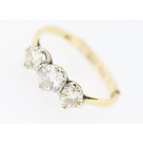 291 - European Cut Diamond Three Stone Ring Set in Platinum Mounted on 18 Carat Yellow Gold Ring Size K an... 