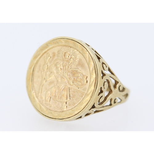 3 - 9 Carat Yellow Gold St Christopher Medallion Ring Size M and a Half