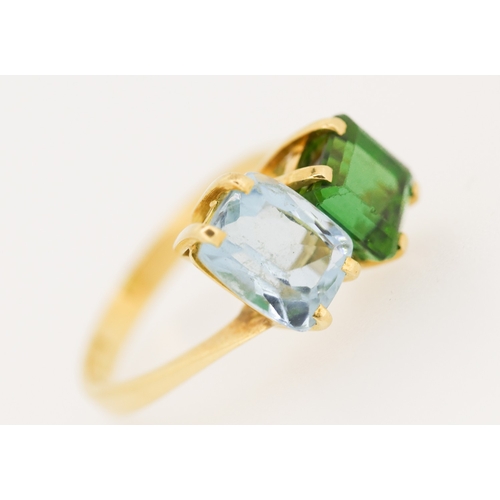 301 - Aquamarine and Green Tourmaline Set Toi et Moi Ring Mounted in 18 Carat Yellow Gold Ring Size P