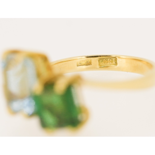 301 - Aquamarine and Green Tourmaline Set Toi et Moi Ring Mounted in 18 Carat Yellow Gold Ring Size P