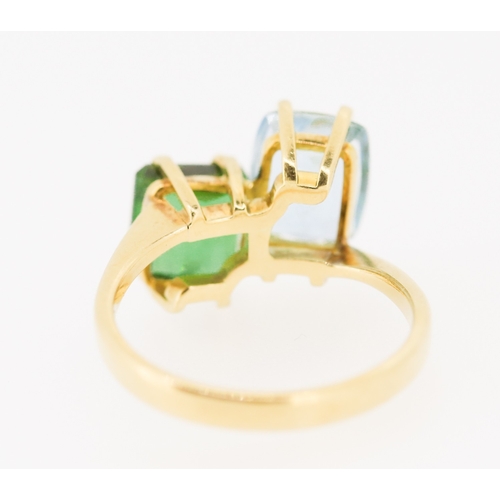 301 - Aquamarine and Green Tourmaline Set Toi et Moi Ring Mounted in 18 Carat Yellow Gold Ring Size P