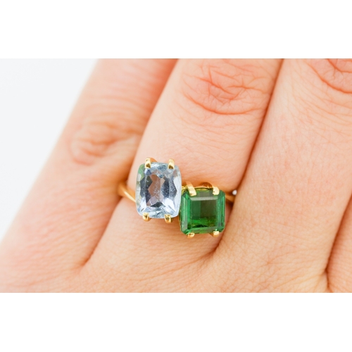 301 - Aquamarine and Green Tourmaline Set Toi et Moi Ring Mounted in 18 Carat Yellow Gold Ring Size P