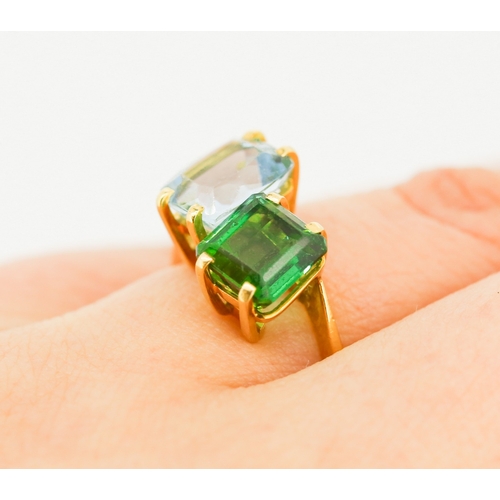 301 - Aquamarine and Green Tourmaline Set Toi et Moi Ring Mounted in 18 Carat Yellow Gold Ring Size P