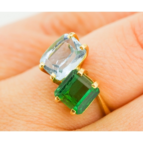 301 - Aquamarine and Green Tourmaline Set Toi et Moi Ring Mounted in 18 Carat Yellow Gold Ring Size P