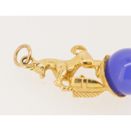 302 - Blue Agate Set on 9 Carat Yellow Gold Horse Motif Pendant 3cm High